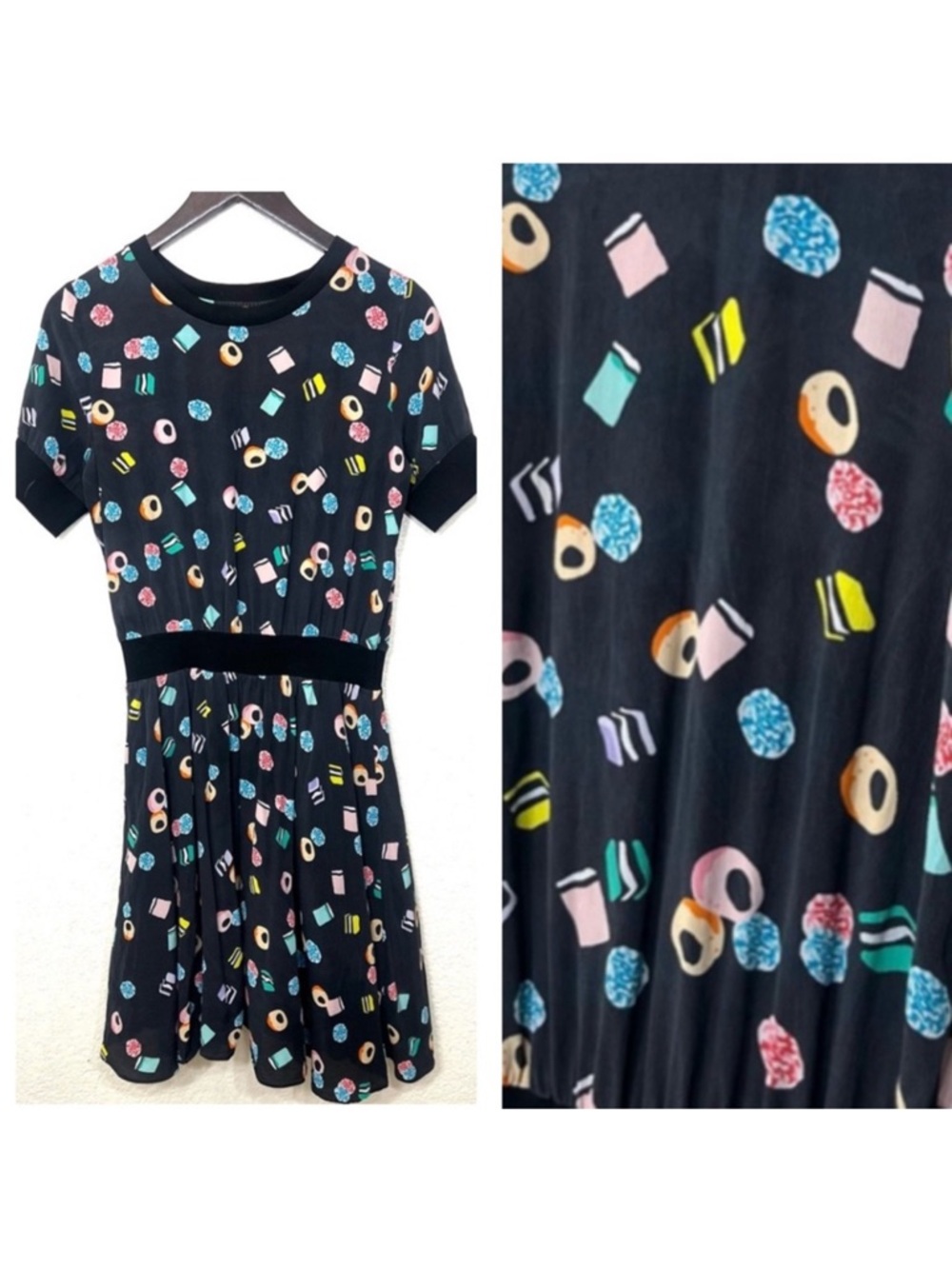 Marc Jacobs Dress Black Silk Licorice Gum Drops Candy Sweets Print Size 4